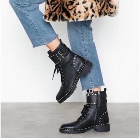 Sam Edelman Jennifer Black Leather Studded Moto Combat Boots Size 9 - Picture 1 of 14